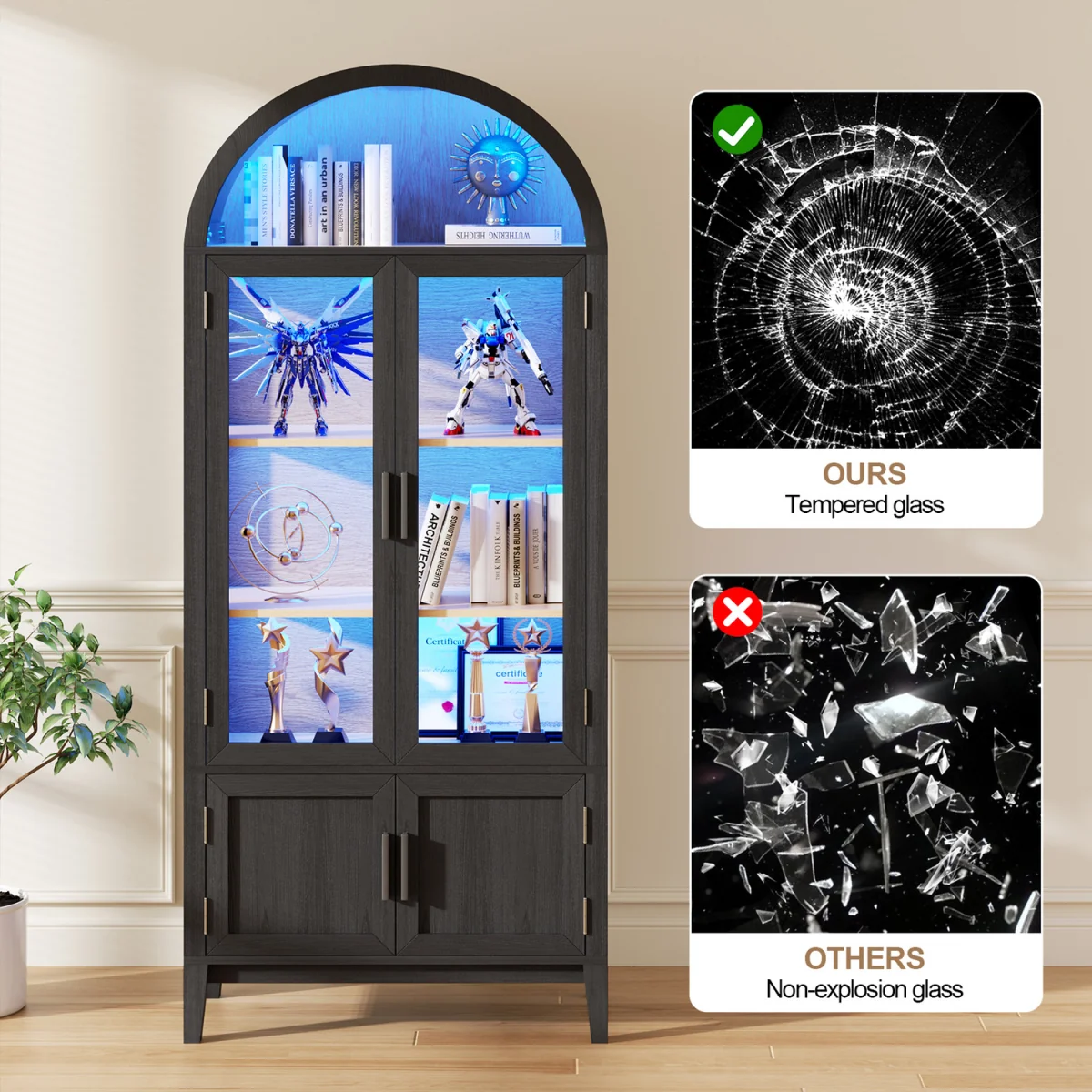 Arched Kitchen Pantry Cupboard with Glass Doors with 3 Color Lights - Black – image 6