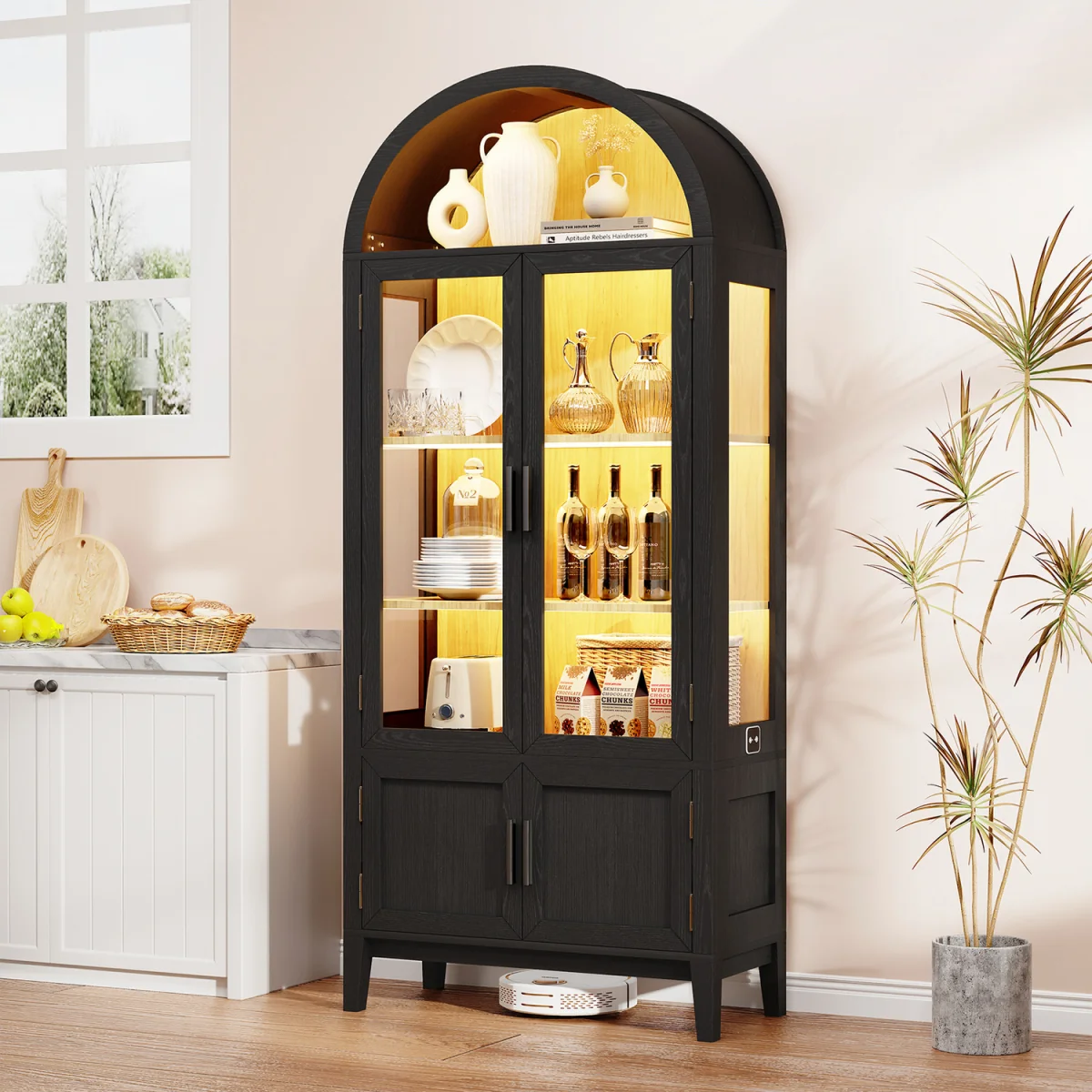 Arched Kitchen Pantry Cupboard with Glass Doors with 3 Color Lights - Black – image 7