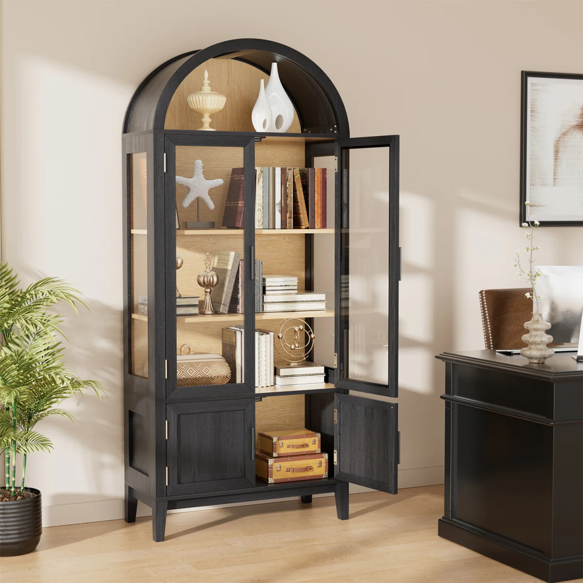 Arched Kitchen Pantry Cupboard with Glass Doors with 3 Color Lights - Black – image 1