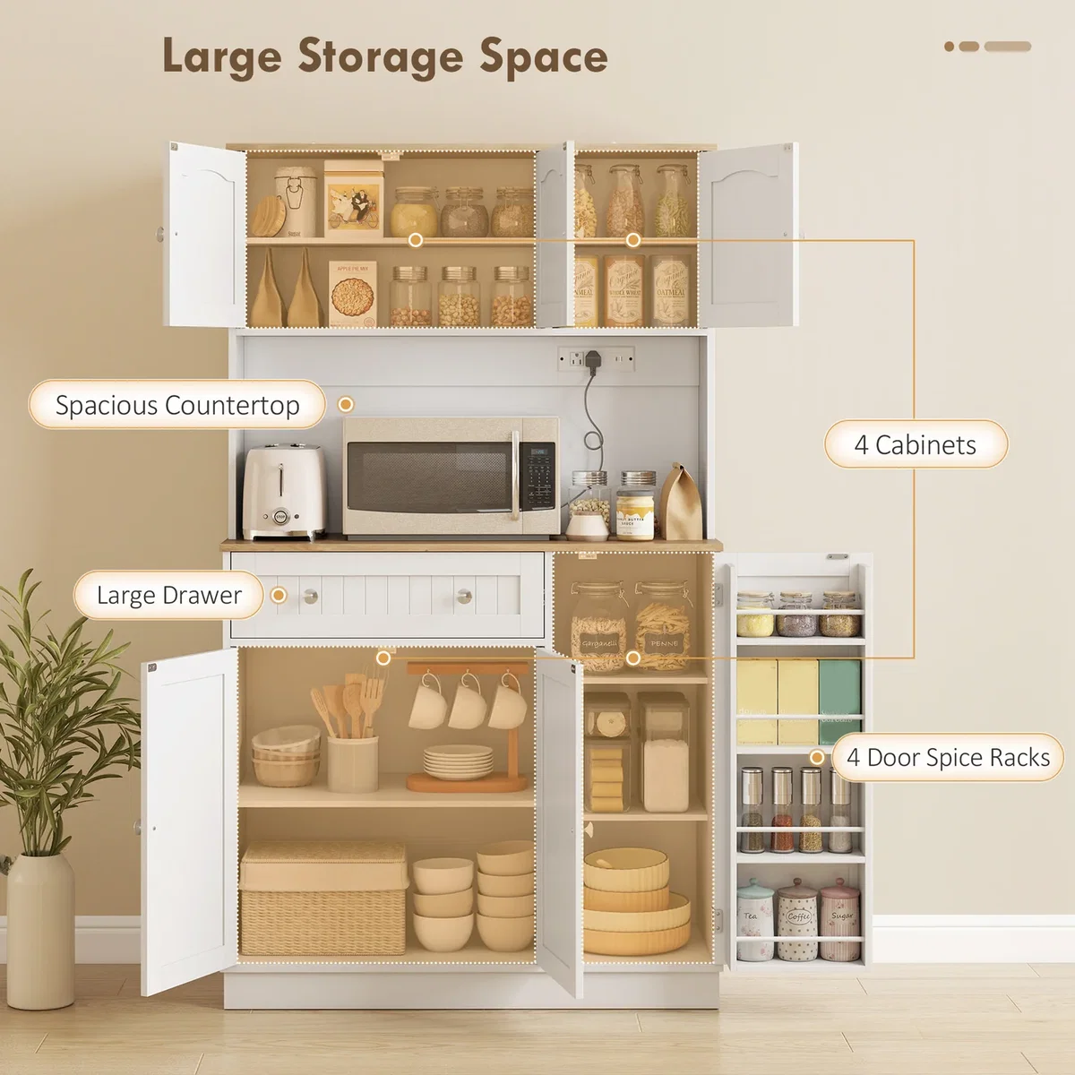 HOMCOM Pantry Storage Cabinet with Adjustable Shelves and 4 Door Racks - White – image 2
