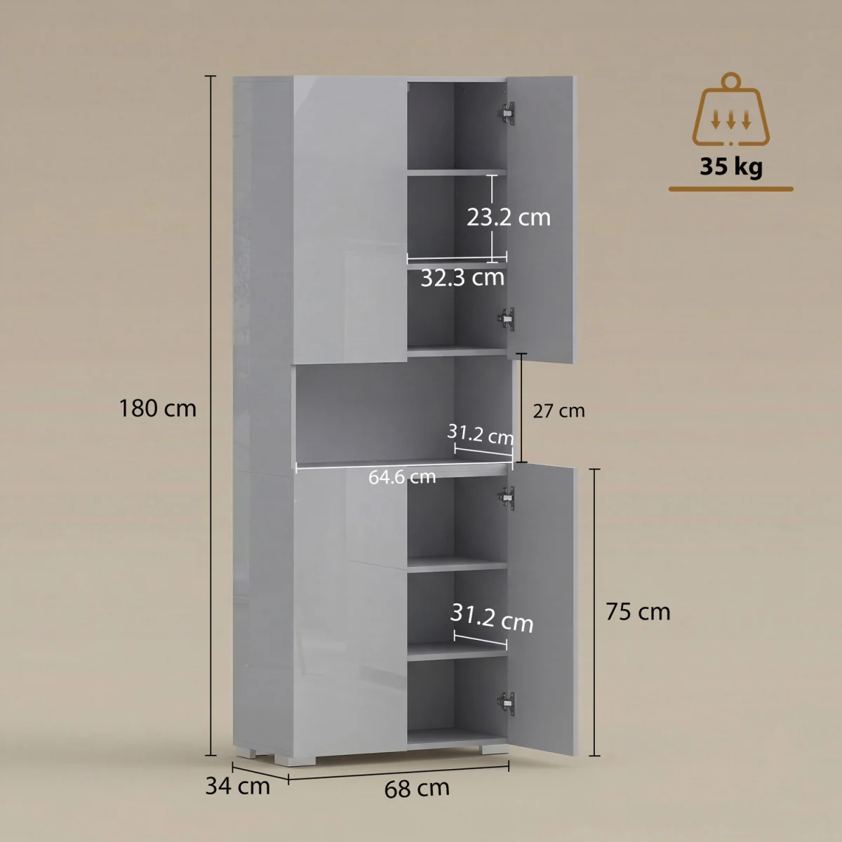 HOMCOM 180cm Tall Kitchen Cupboard, Pantry Storage Cabinet - High Gloss Grey – image 8
