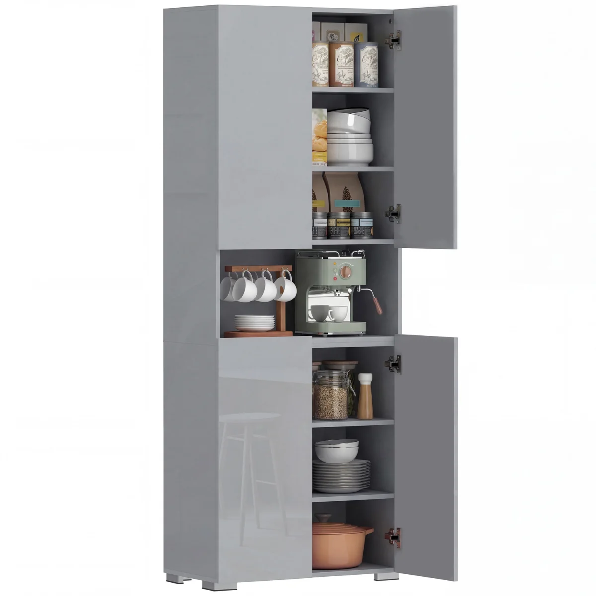 HOMCOM 180cm Tall Kitchen Cupboard, Pantry Storage Cabinet - High Gloss Grey – image 9