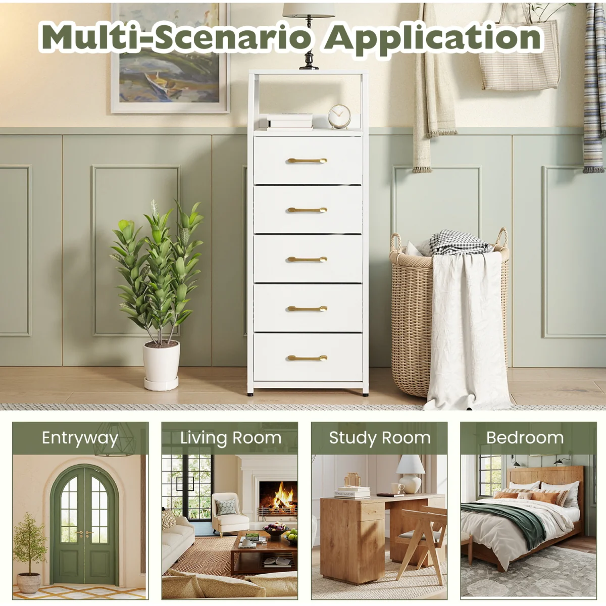 5 Drawer Vertical Storage Cabinet with Adjustable Feet - White – image 2