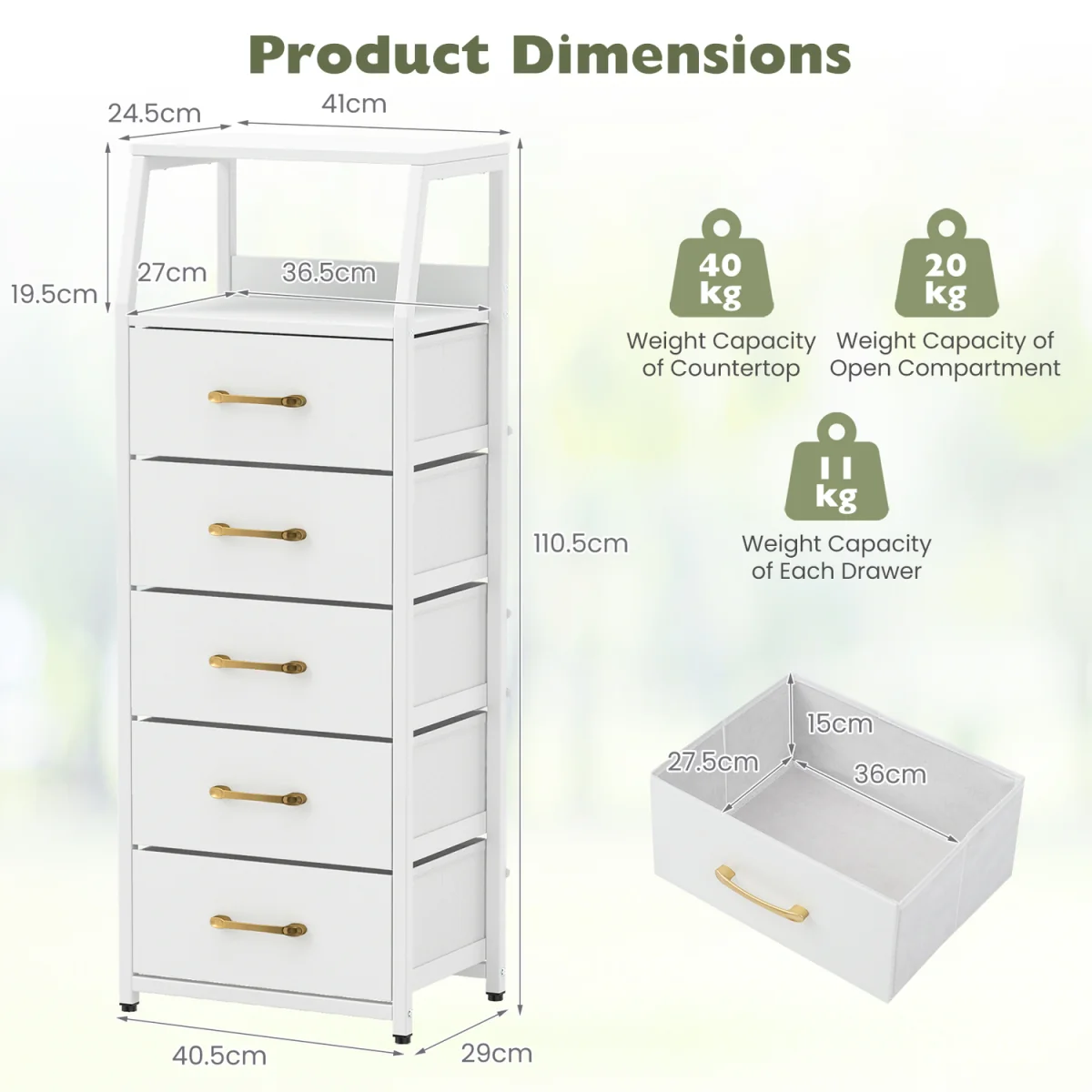 5 Drawer Vertical Storage Cabinet with Adjustable Feet - White – image 3