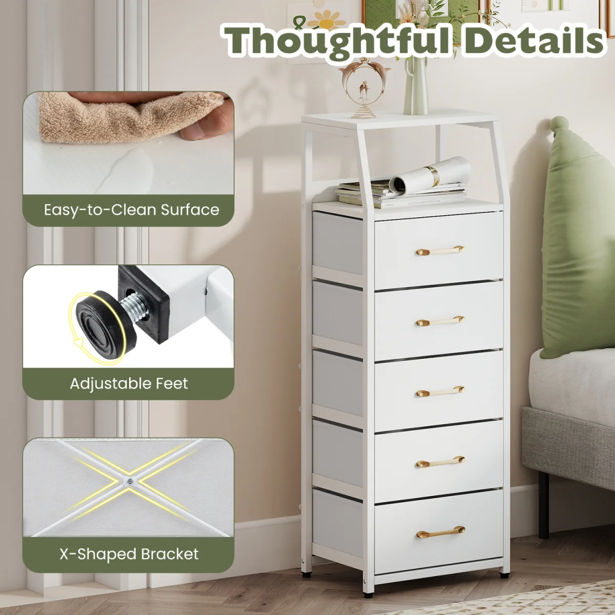 5 Drawer Vertical Storage Cabinet with Adjustable Feet - White – image 9