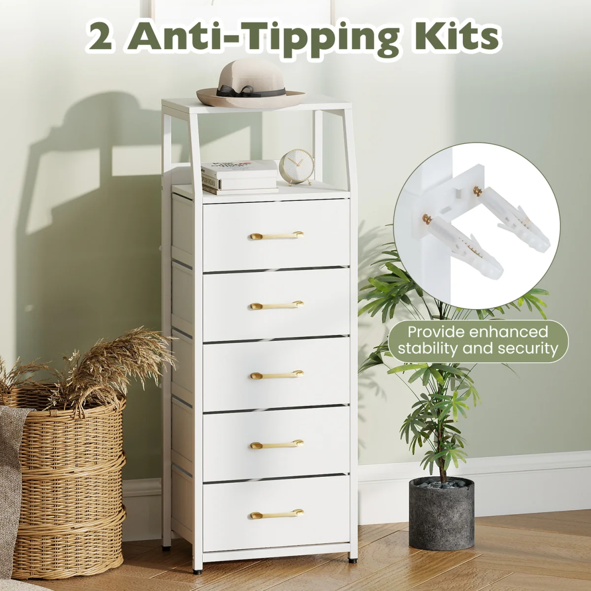5 Drawer Vertical Storage Cabinet with Adjustable Feet - White – image 10