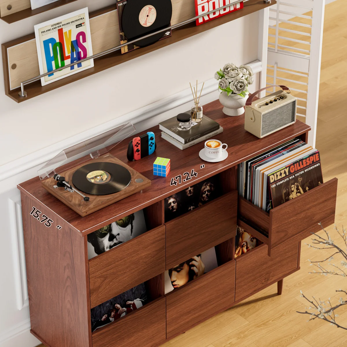 BROTTAR 47.2" Large Record Player Stand, Vinyl Record Storage Cabinet - White – image 7