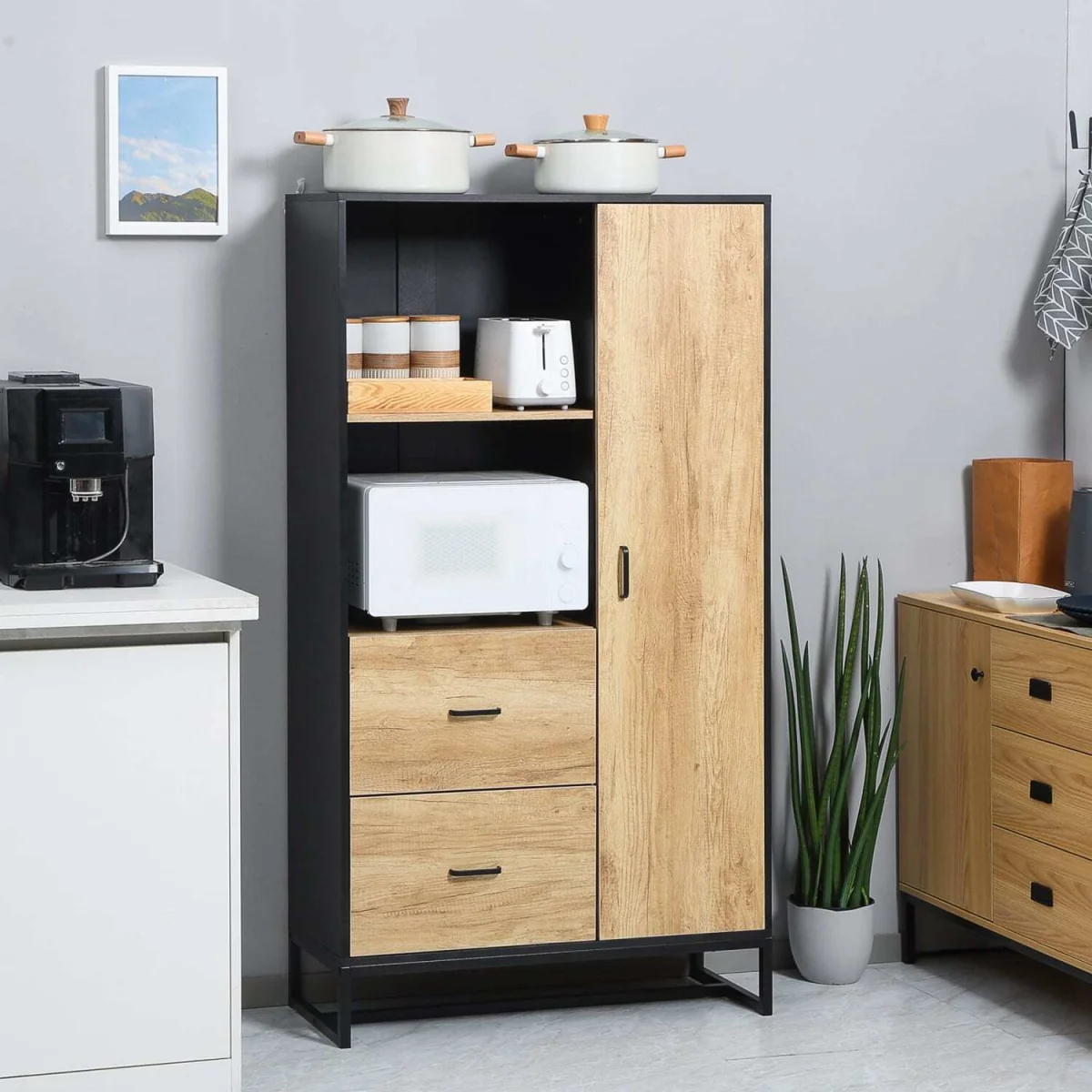 Halefi 160cm Tall Kitchen Pantry Cabinet - Black Frame, Natural Wood-Effect Doors – image 2