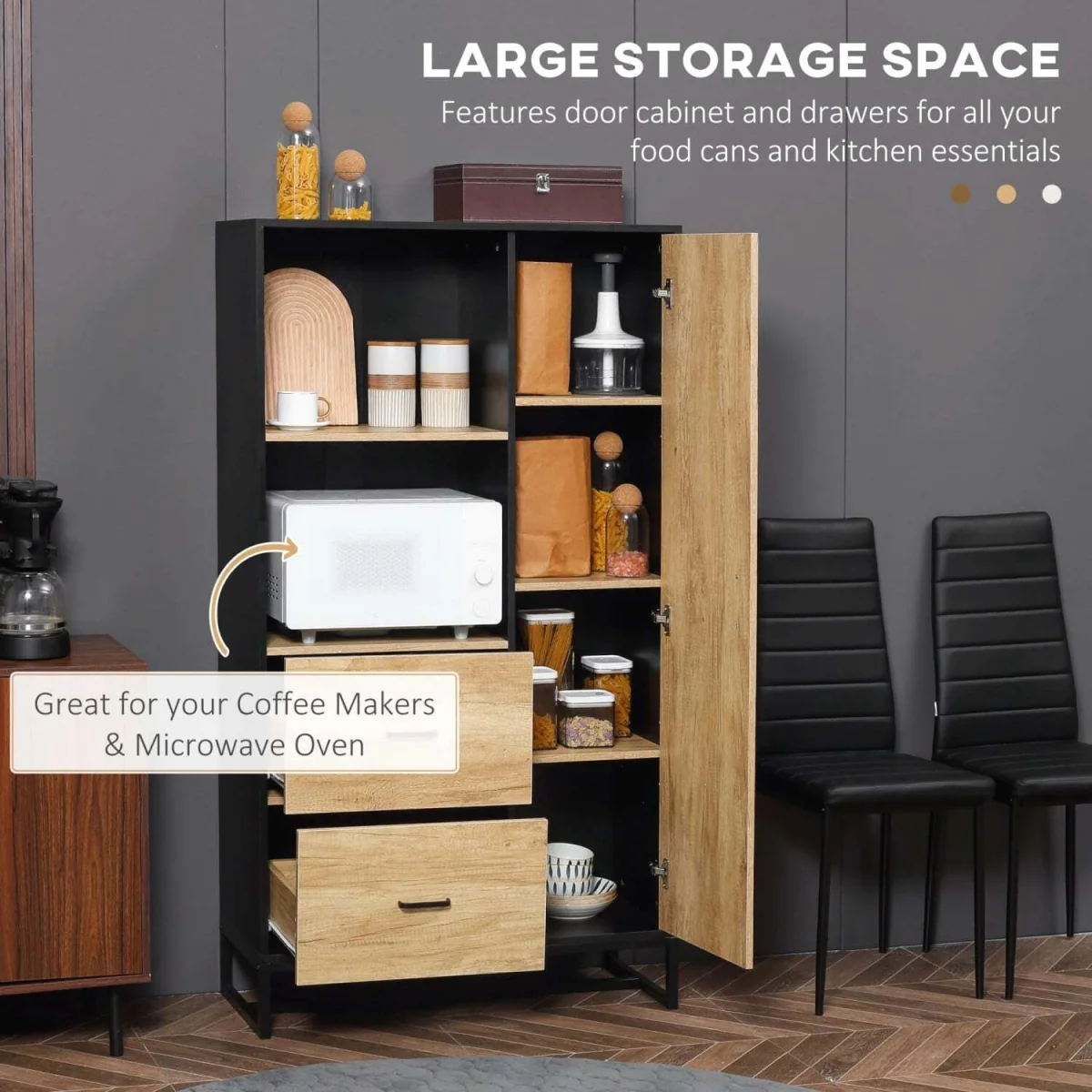 Halefi 160cm Tall Kitchen Pantry Cabinet - Black Frame, Natural Wood-Effect Doors – image 5