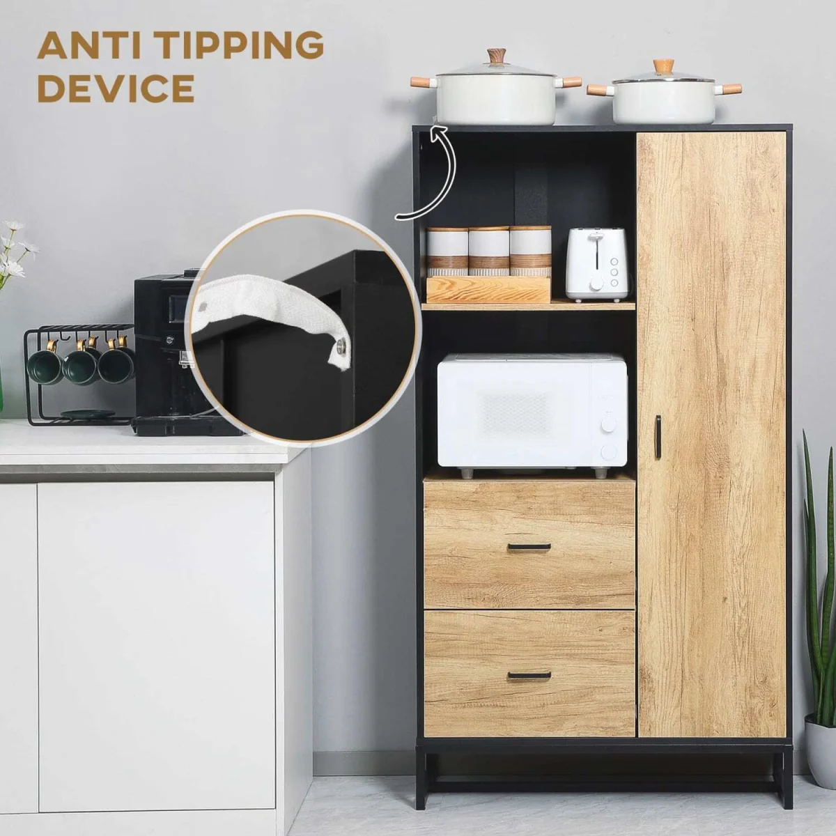 Halefi 160cm Tall Kitchen Pantry Cabinet - Black Frame, Natural Wood-Effect Doors – image 9