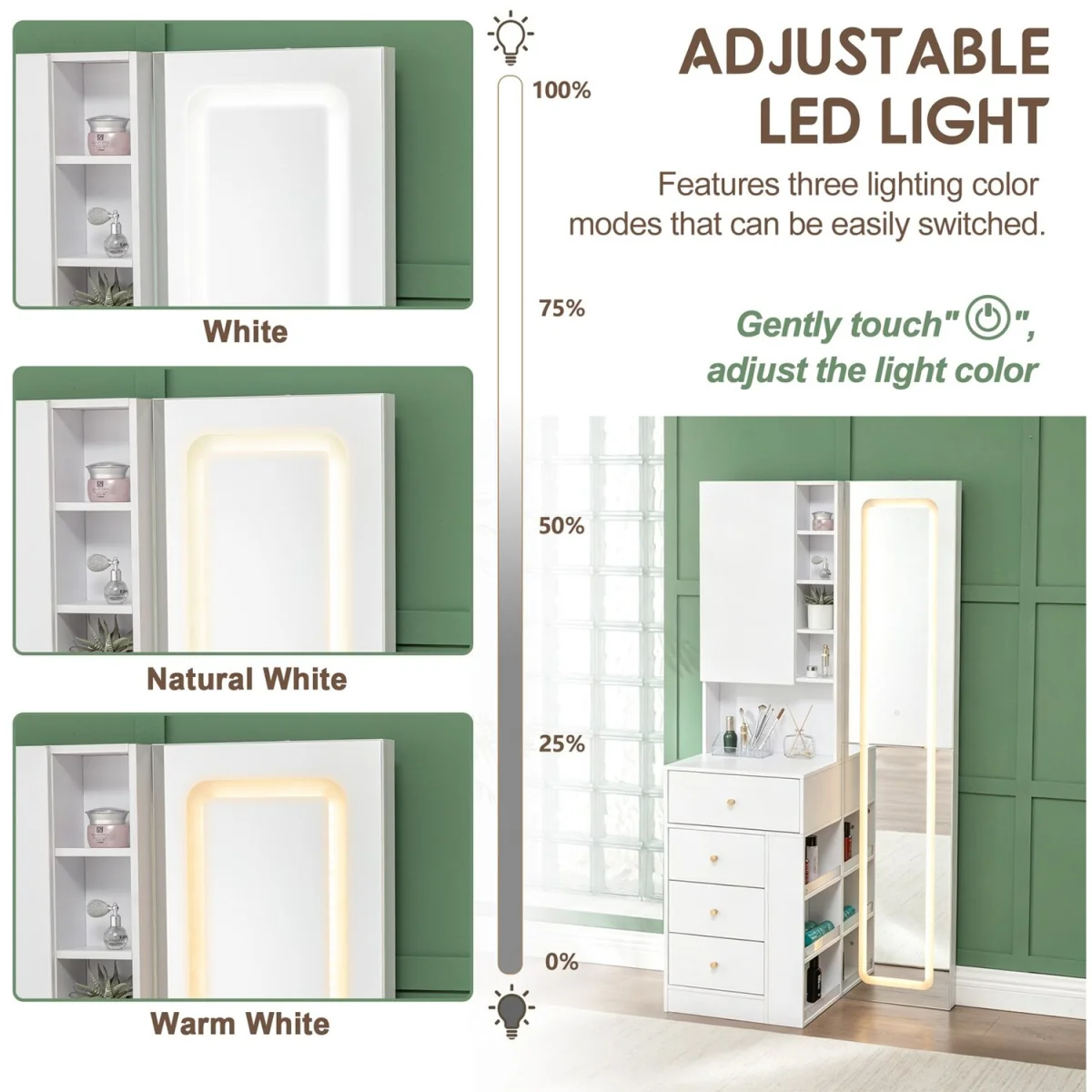 WestWood Dressing Table Vanity LED Full Length Mirror Storage Cabinet w/ Drawers - White – image 3