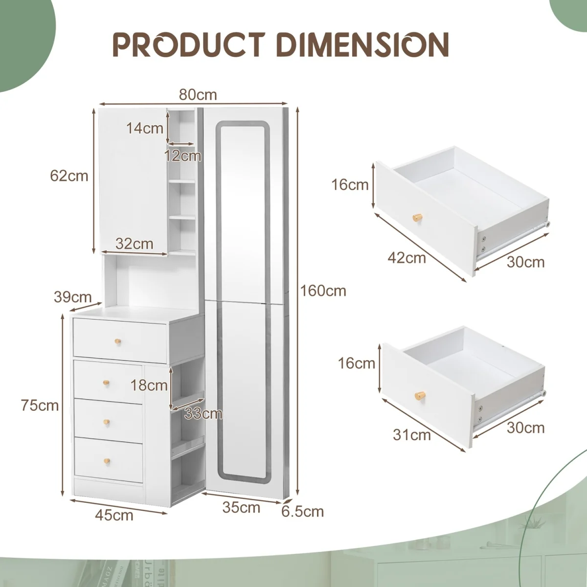 WestWood Dressing Table Vanity LED Full Length Mirror Storage Cabinet w/ Drawers - White – image 8