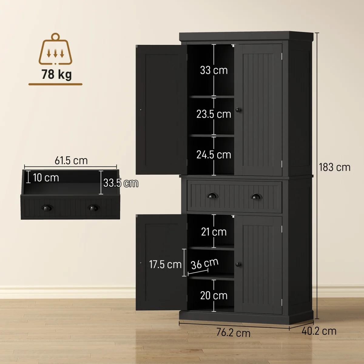 HOMCOM Freestanding Kitchen Storage Cabinet Drawer - Black – image 3