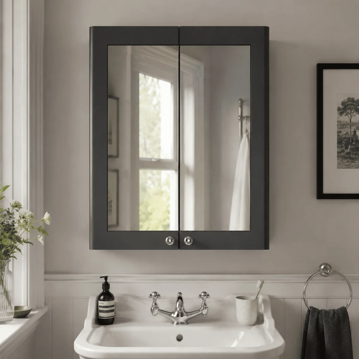 Clasic Wall Hung 2 Soft Close Door Mirror Cabinet Soft Black 600mm - Satin Soft Black – image 2