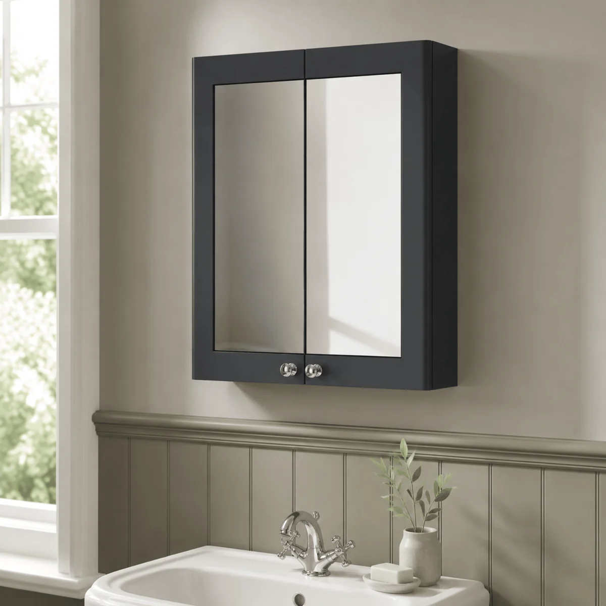 Clasic Wall Hung 2 Soft Close Door Mirror Cabinet Soft Black 600mm - Satin Soft Black – image 4