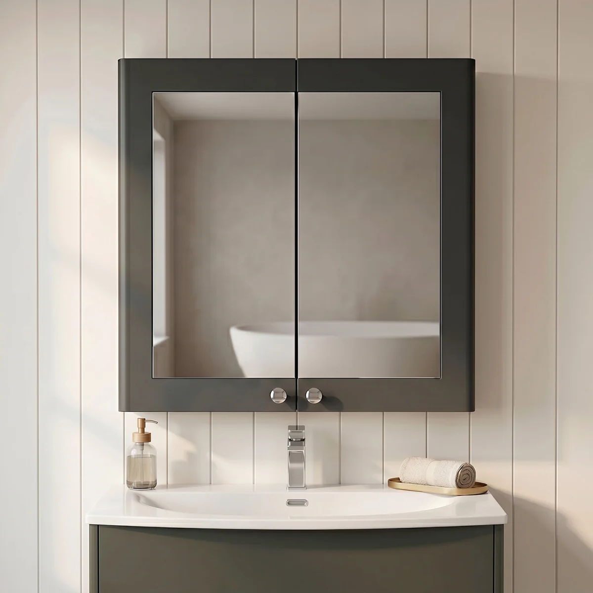 Clasic Wall Hung 2 Soft Close Door Mirror Cabinet Soft Black 600mm - Satin Soft Black – image 5