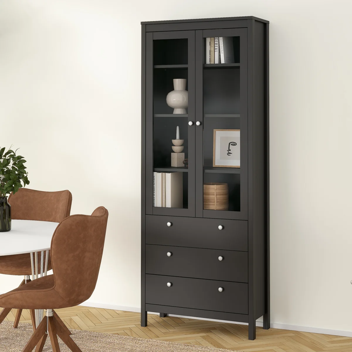 Madrid China Cabinet 2 Glass Doors with 3 Drawers in Matt Black - Matt Black – image 7
