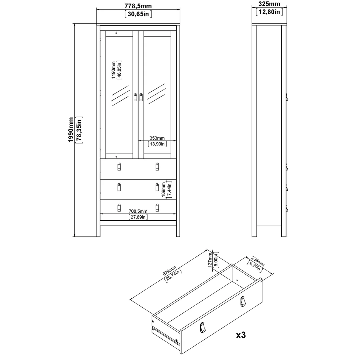 Madrid China Cabinet 2 Glass Doors with 3 Drawers in Matt Black - Matt Black – image 9