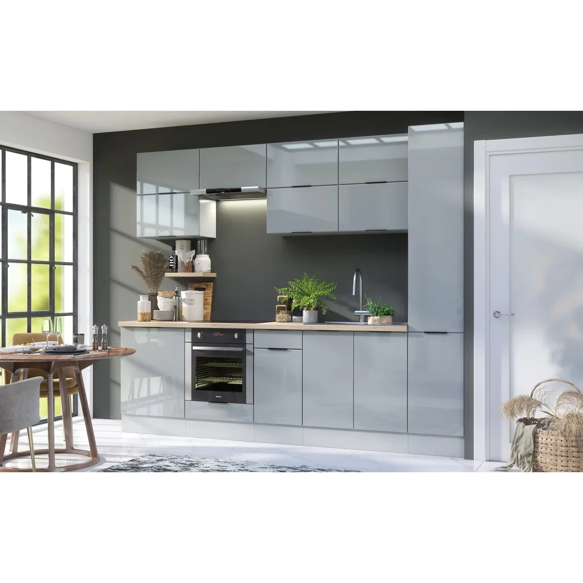 Kitchen Cabinet 600mm Base Unit with 1 Shelf, Dove Grey High Gloss Front and Light Grey Matt Body. - Grey – image 2