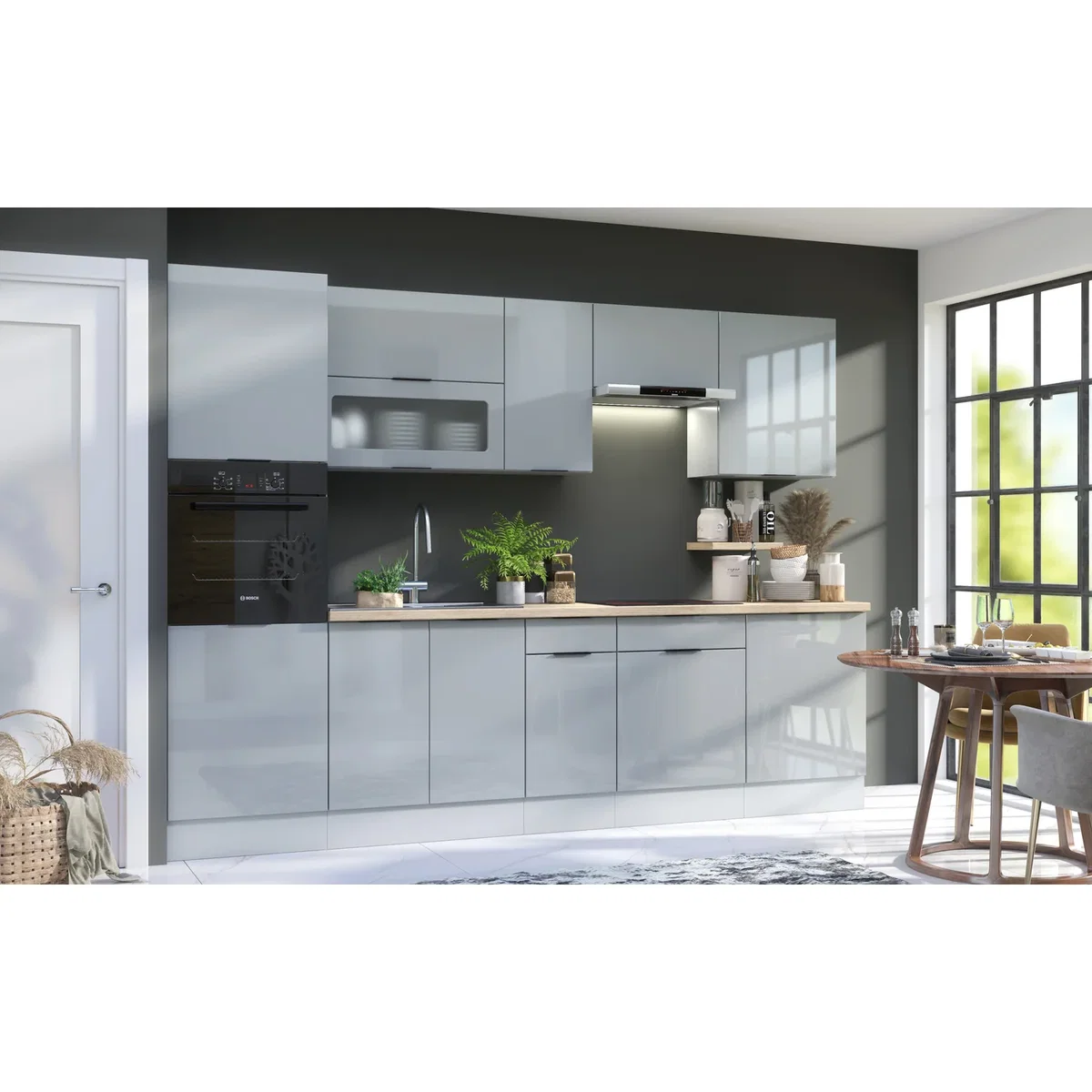 Kitchen Cabinet 600mm Base Unit with 1 Shelf, Dove Grey High Gloss Front and Light Grey Matt Body. - Grey – image 3