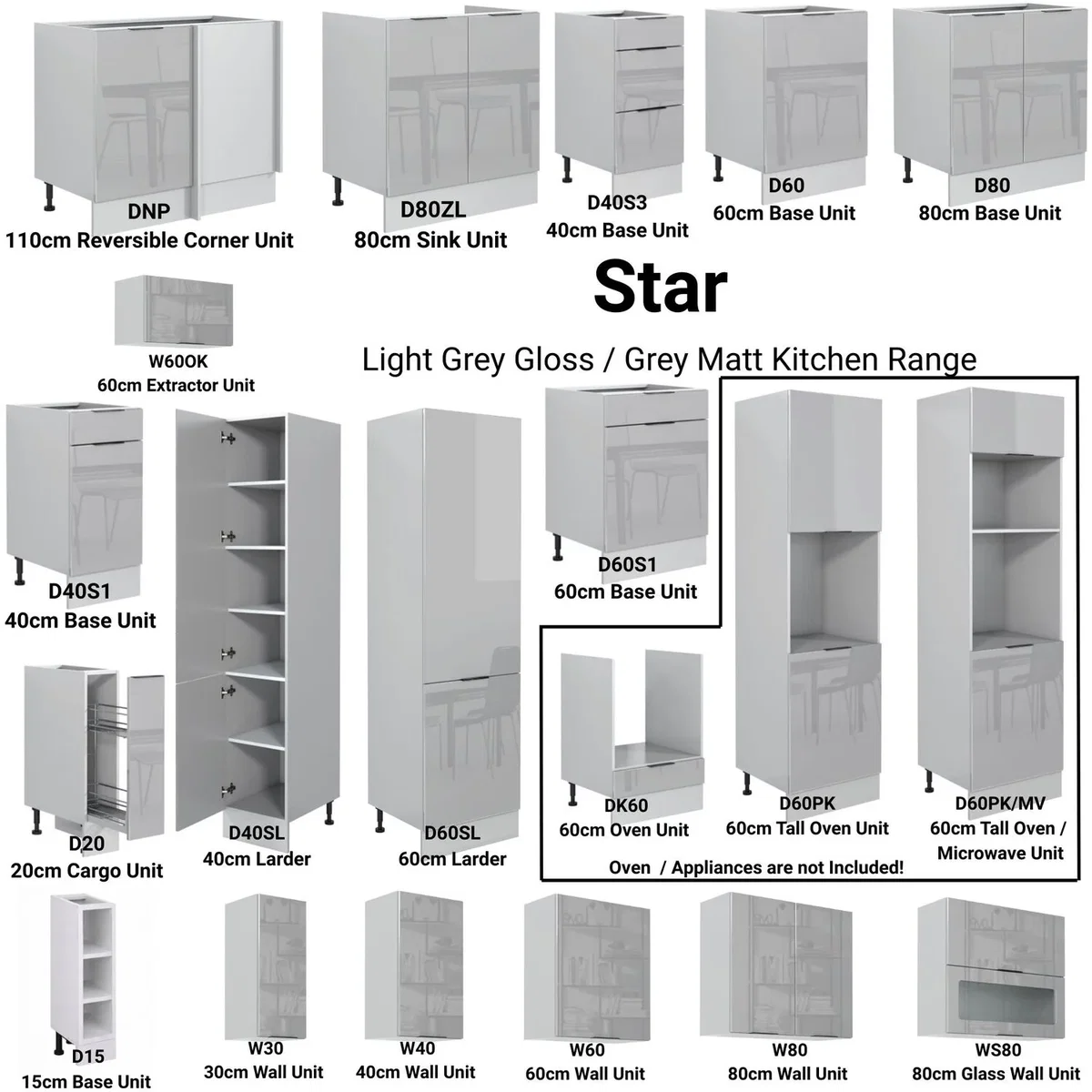 Kitchen Cabinet 600mm Base Unit with 1 Shelf, Dove Grey High Gloss Front and Light Grey Matt Body. - Grey – image 4