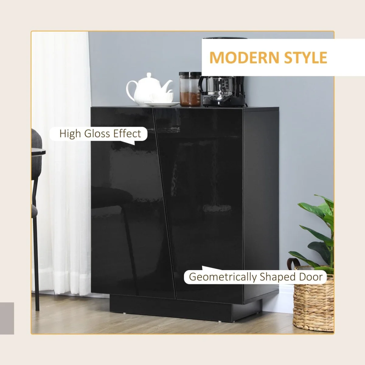 Ranifa Modern High Gloss Black Freestanding Storage Cabinet, 2 Doors – image 5