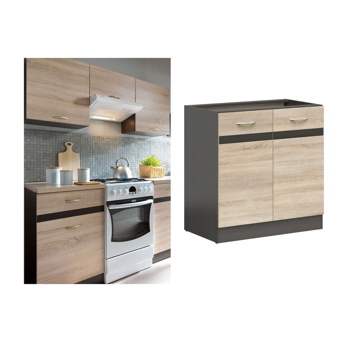 Kitchen Base Unit 800mm Cabinet 2 Door 80cm Cupboard Storage Dark Wood Wenge and Light Oak - Junona - Sonoma Oak