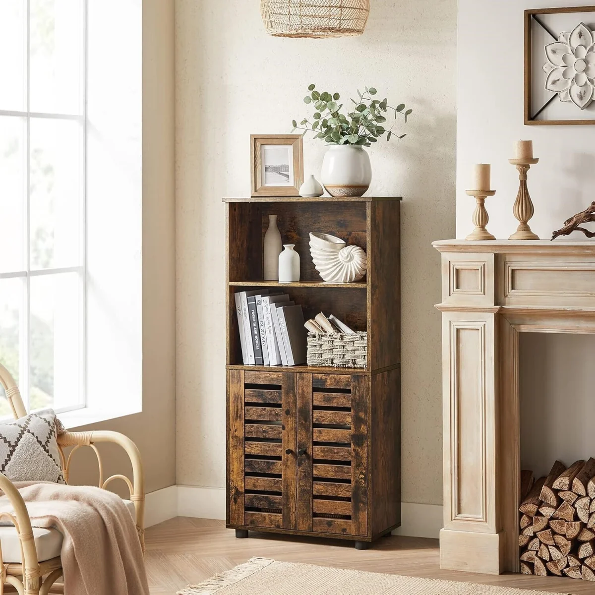 Kitchen Storage Cabinet with Louvered Doors Open Shelves, Brown - Rustic Brown – image 2