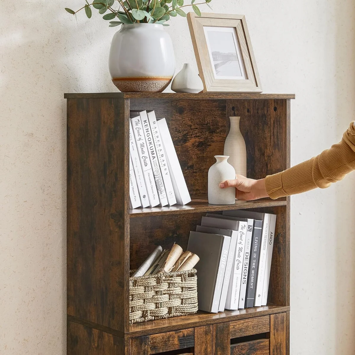 Kitchen Storage Cabinet with Louvered Doors Open Shelves, Brown - Rustic Brown – image 3