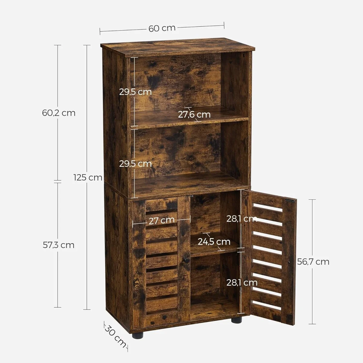 Kitchen Storage Cabinet with Louvered Doors Open Shelves, Brown - Rustic Brown – image 4