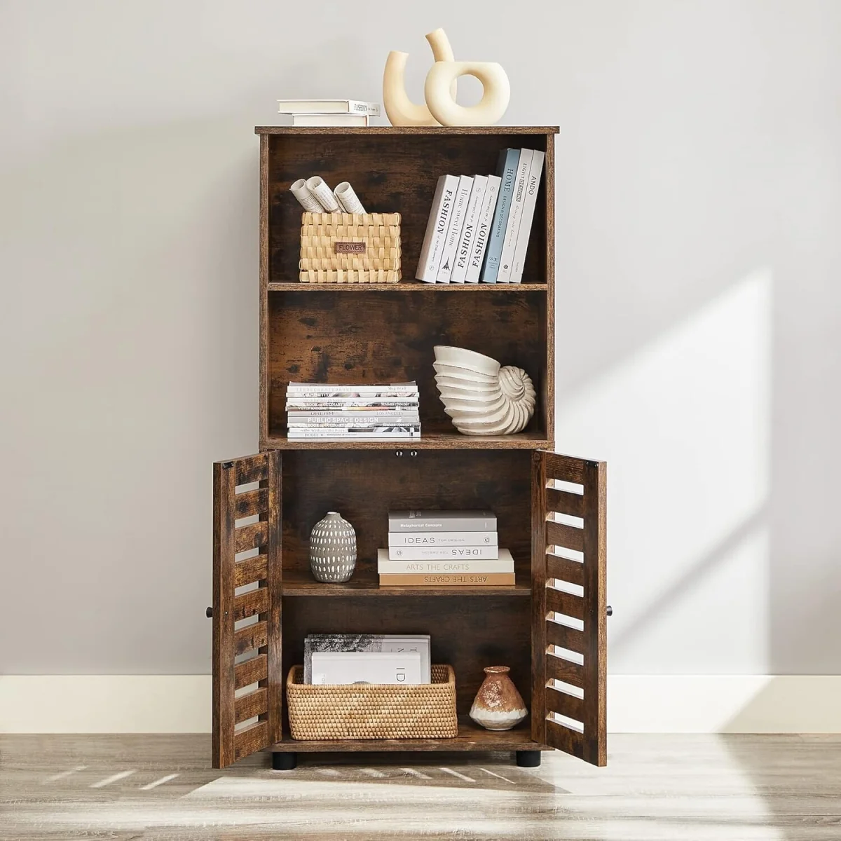 Kitchen Storage Cabinet with Louvered Doors Open Shelves, Brown - Rustic Brown – image 5