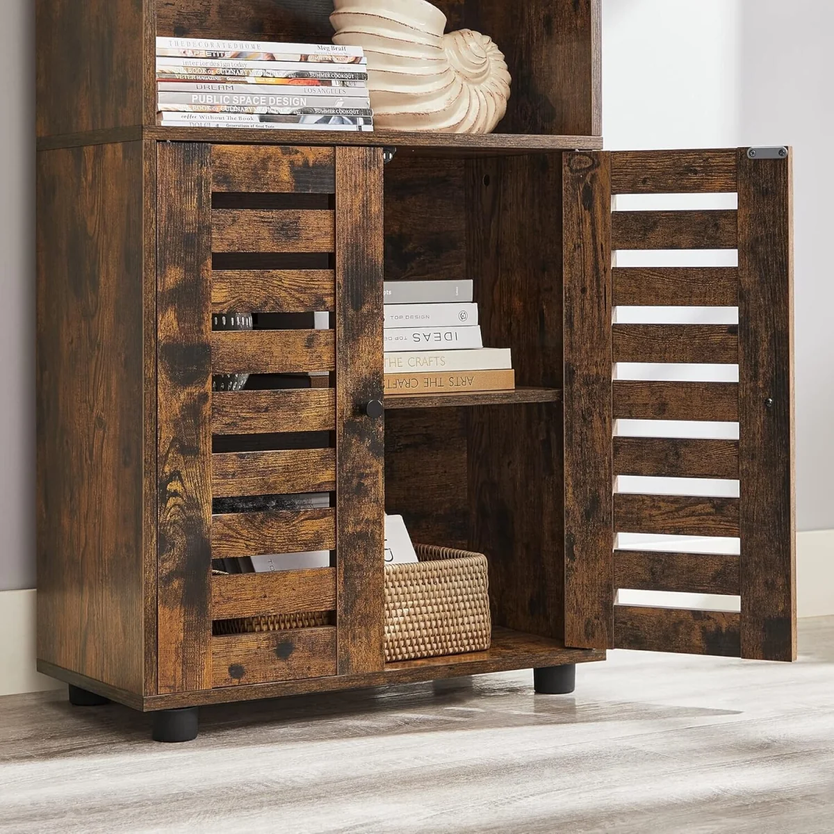 Kitchen Storage Cabinet with Louvered Doors Open Shelves, Brown - Rustic Brown – image 6