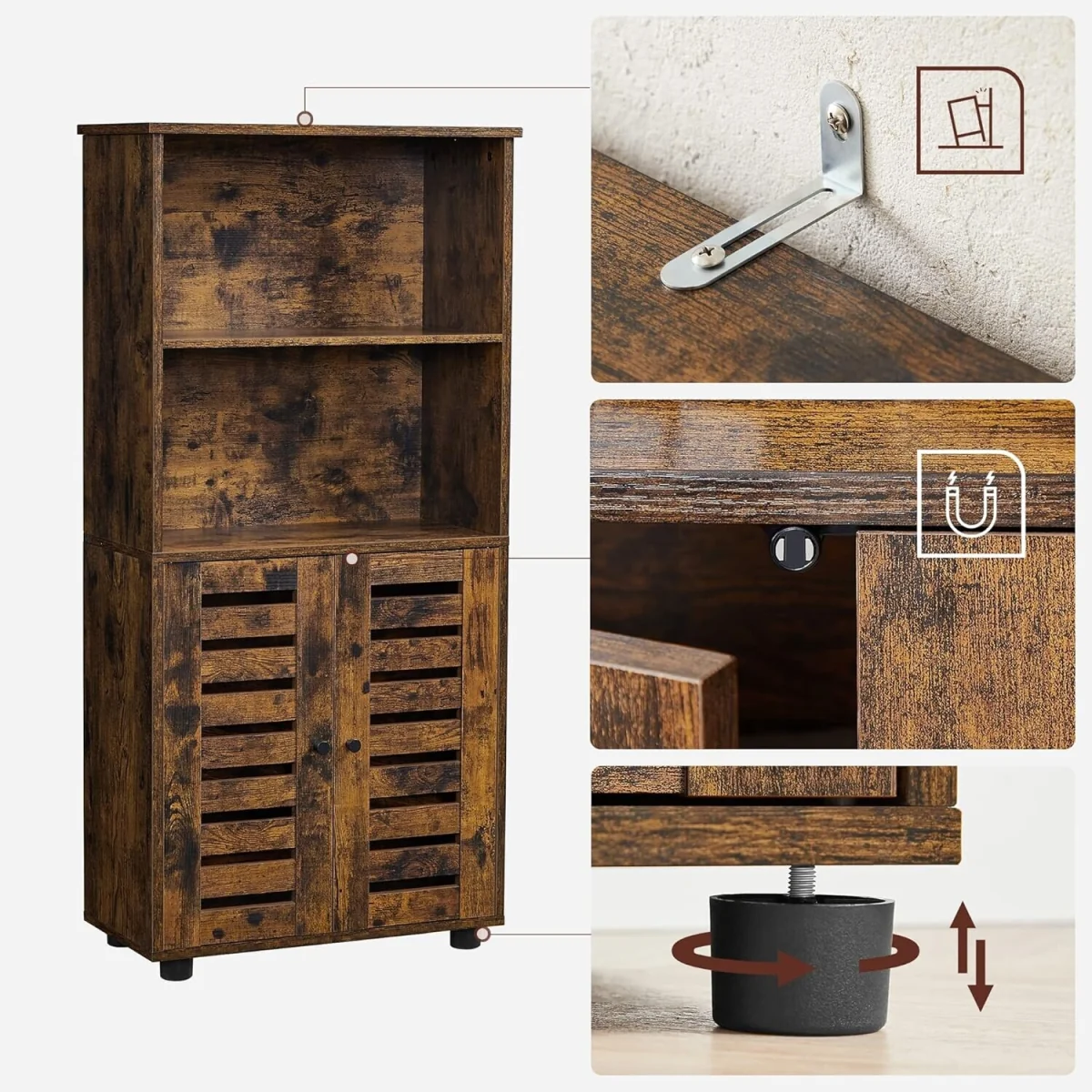 Kitchen Storage Cabinet with Louvered Doors Open Shelves, Brown - Rustic Brown – image 7