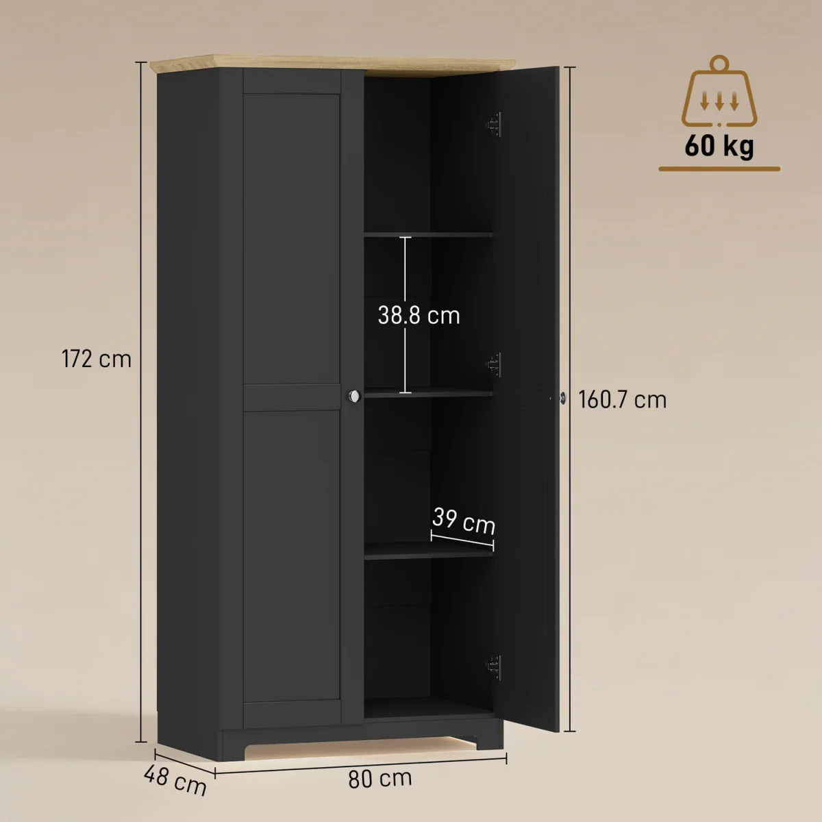 HOMCOM 172cm Wooden Storage Cabinet Cupboard with 2 Doors - Black – image 7