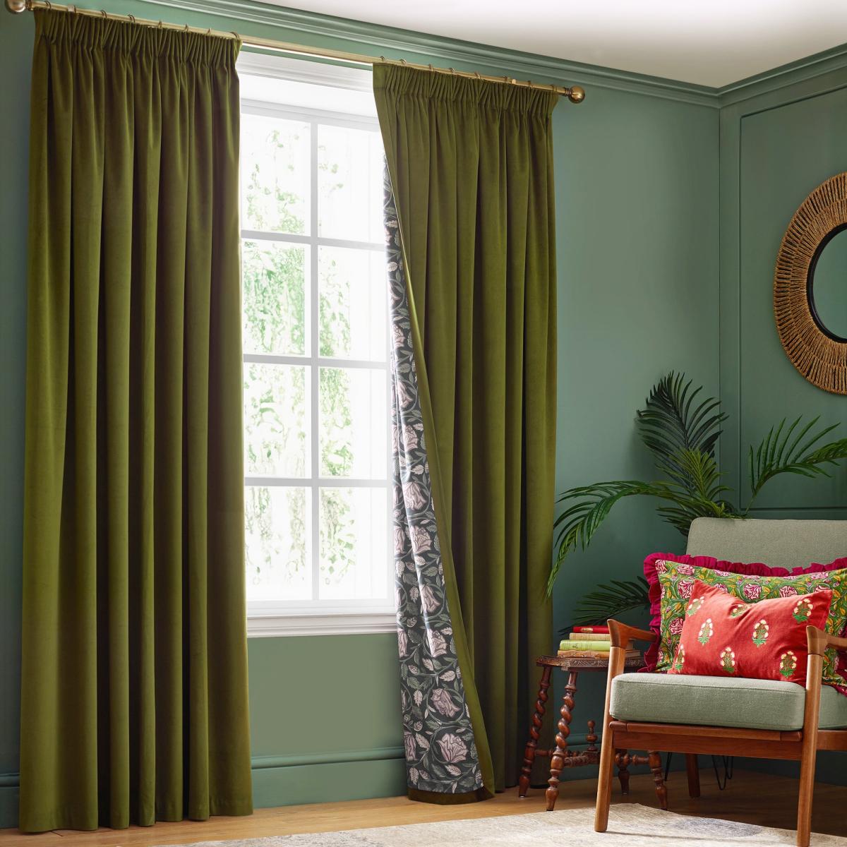 Portobella Thornton Floral Lining Pencil Pleat Curtains Olive – image 2