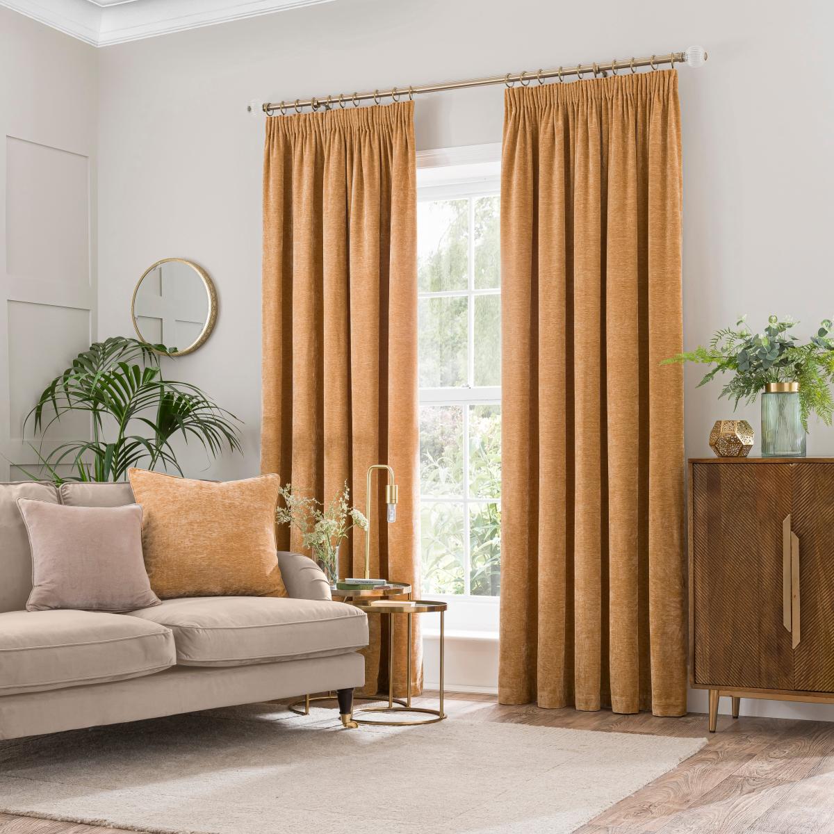 Vintage Chenille Pencil Pleat Curtains Honey – image 2