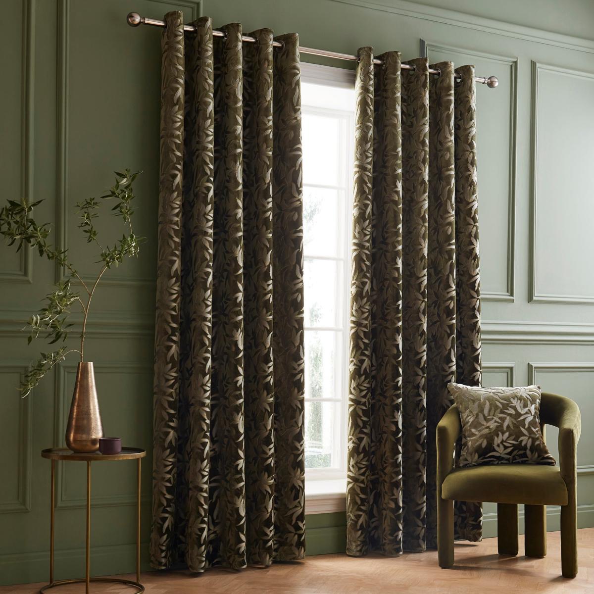 Asami Cut Velvet Eyelet Curtains Olive – image 2