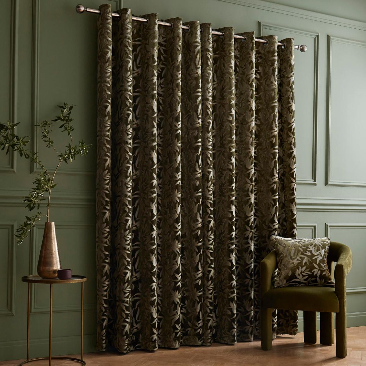 Asami Cut Velvet Eyelet Curtains Olive – image 4