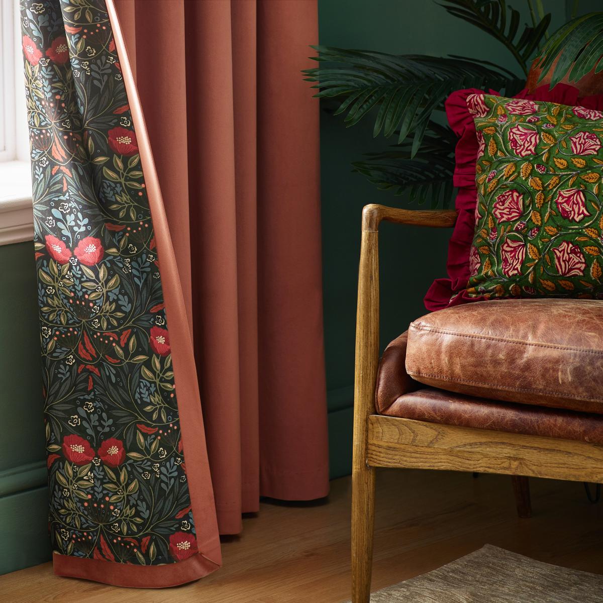 Eltham Floral Lining Pencil Pleat Curtains Terracotta – image 5