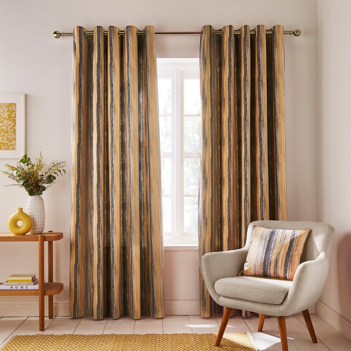 Watercolour Stripe Eyelet Curtains Ochre – image 2