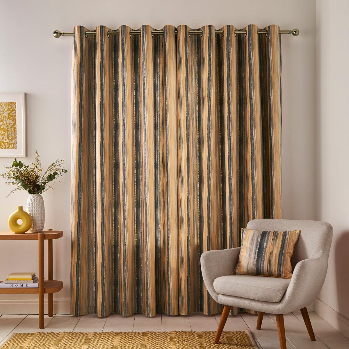 Watercolour Stripe Eyelet Curtains Ochre – image 4