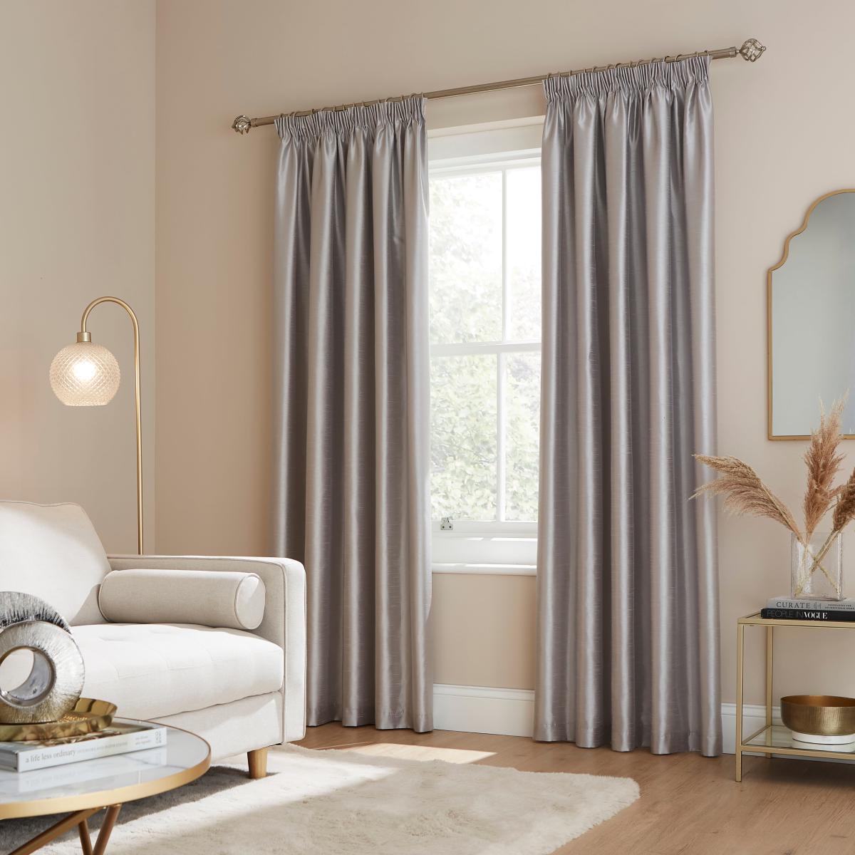 Novanna Faux Silk Blackout Pencil Pleat Curtains Silver – image 2