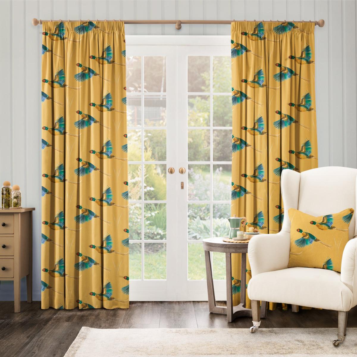 Country Pheasants Pencil Pleat Curtains yellow – image 2