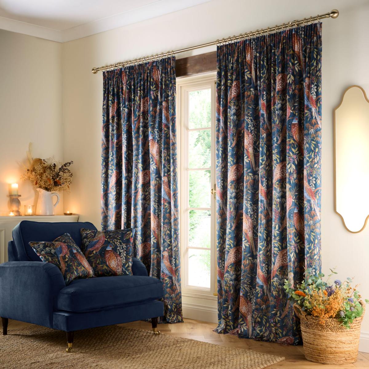 Woodland Pheasant Pencil Pleat Curtains Navy (Blue) – image 2