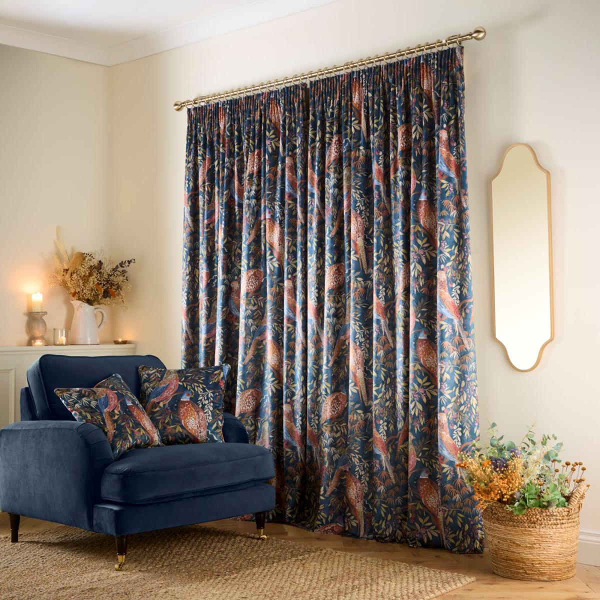 Woodland Pheasant Pencil Pleat Curtains Navy (Blue) – image 4