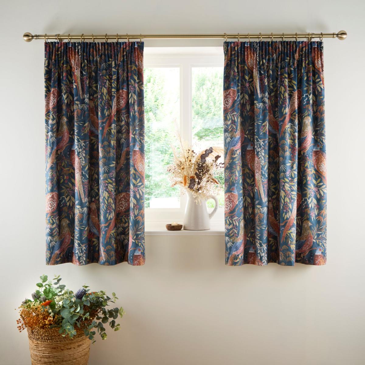 Woodland Pheasant Pencil Pleat Curtains Navy (Blue) – image 5