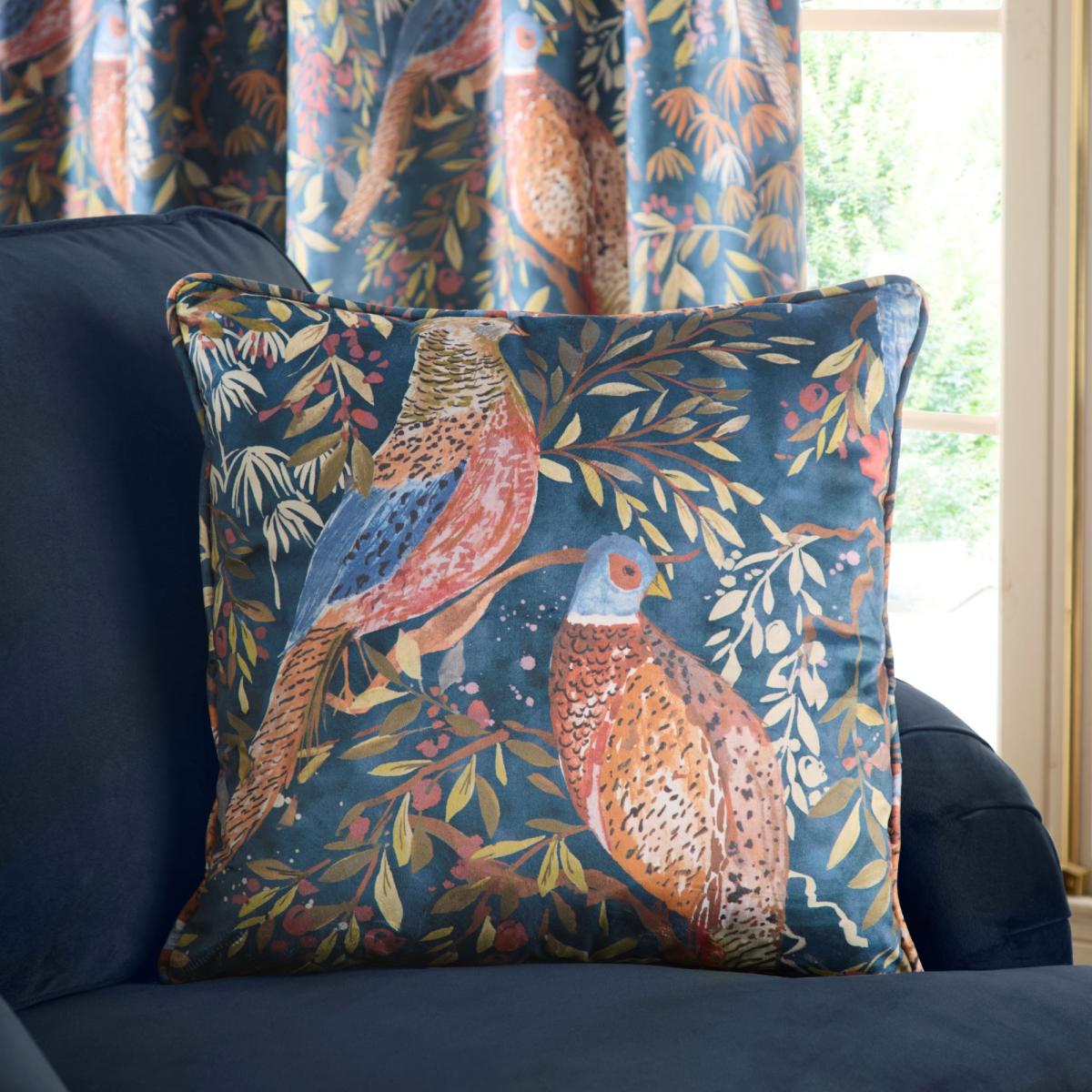 Woodland Pheasant Pencil Pleat Curtains Navy (Blue) – image 6