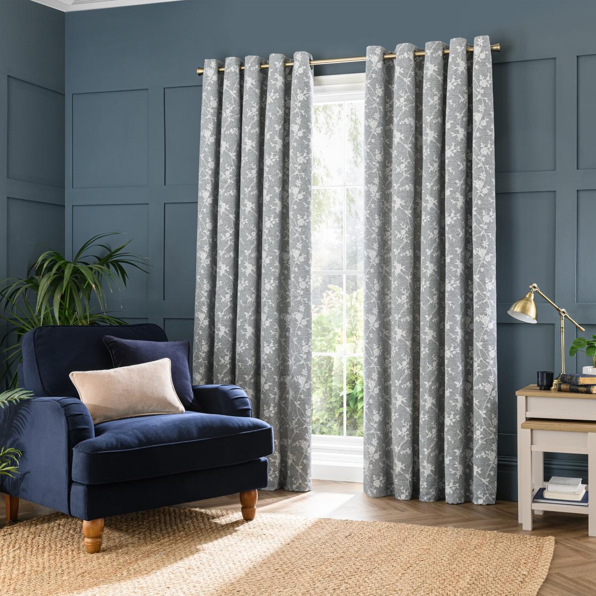 Floral Herringbone Eyelet Curtains Denim – image 2