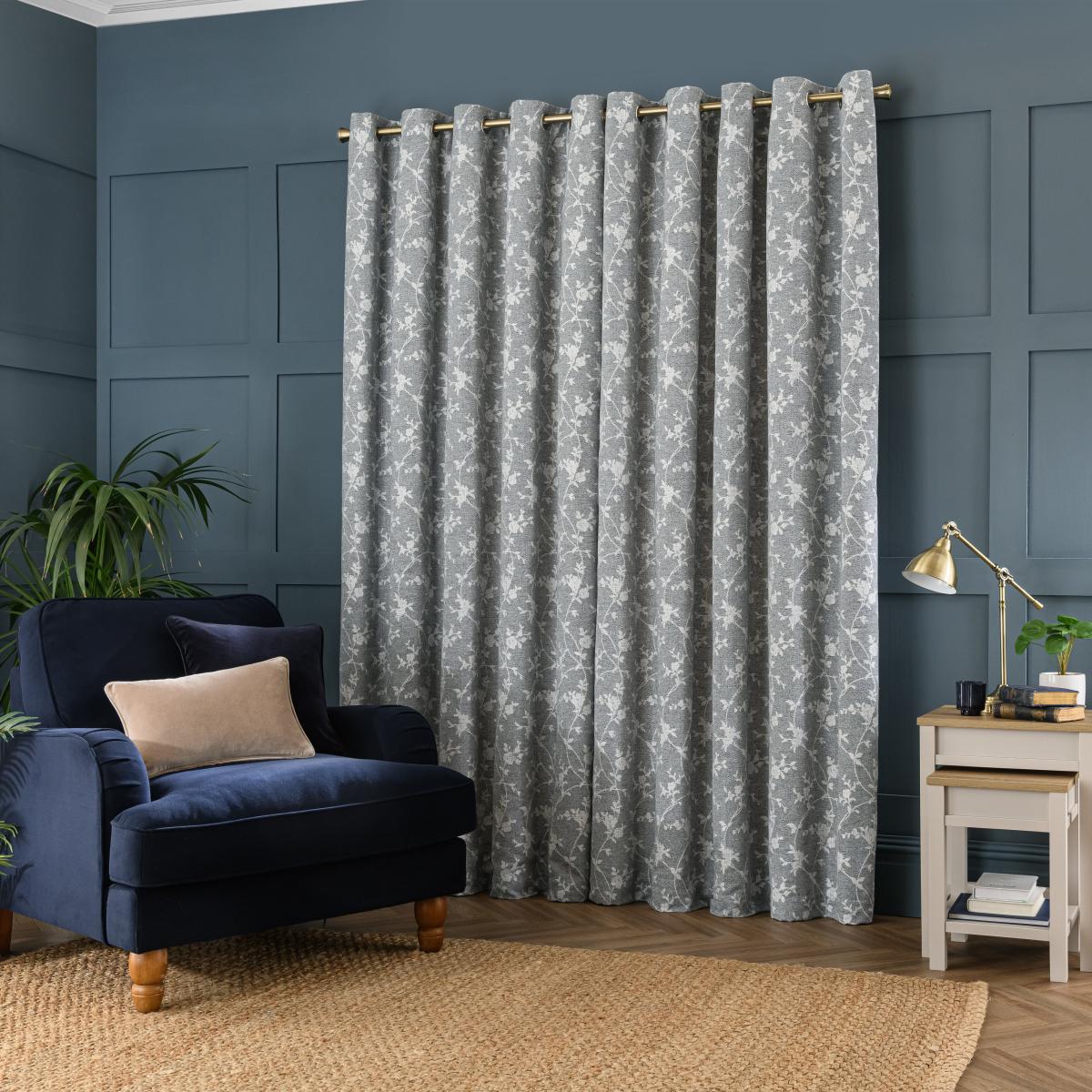 Floral Herringbone Eyelet Curtains Denim – image 4