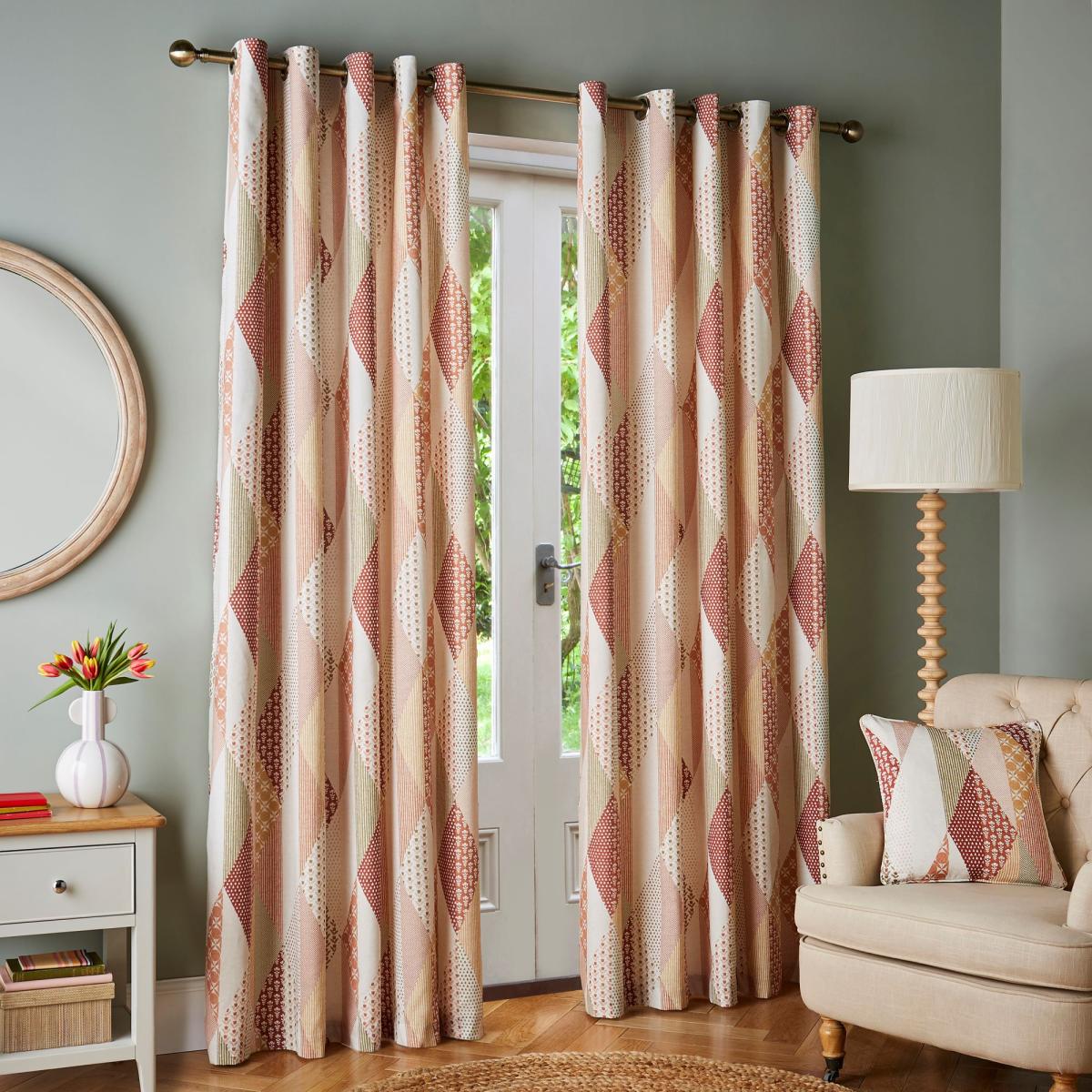 Patchwork Print Eyelet Curtains Orange – image 2